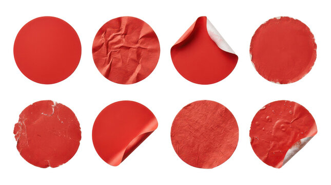 Assortment of red circular stickers isolated on transparent background