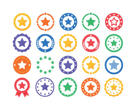 Circular Star Emblems bright colorful flat vector icon set, 20 isolated object icons showing stars in circle, circular star frame, golden star ring, festive star border, award star emblem, prize star