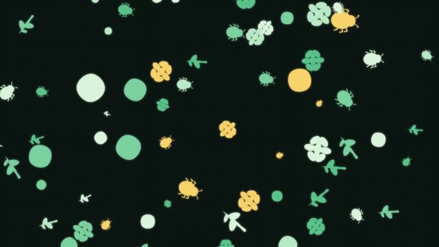 Floating Cartoon Beetles and Flowers on Dark Background Motion Graphic