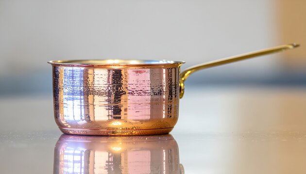 Copper saucepan with golden handle on reflective surface