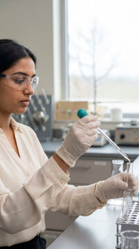 Focused scientist using pipette to fill test tube in bright research laboratory