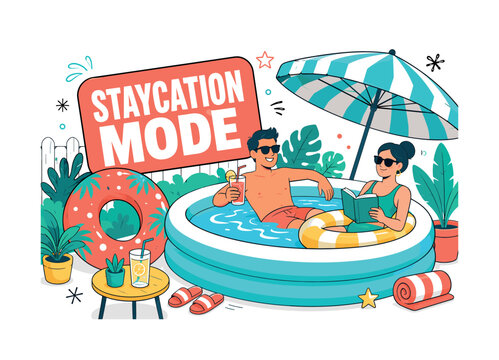 Backyard Pool Adult Relaxation. Clean editorial banner showing two adults relaxing in a backyard inflatable pool, with an oversized pool ring and large striped umbrella stretching across the canvas;