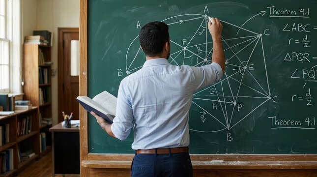 A dedicated teacher writing complex equations on a chalkboard in a classroom for teachers day china celebration