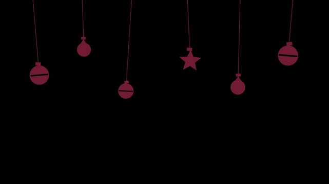 Hanging Christmas ornament baubles swinging like pendulums, burgundy Christmas transparent overlay, seamless loop animation
