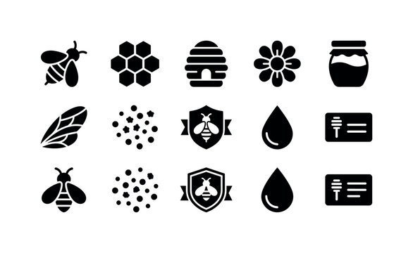 Collection of black icons representing bees, honey, and related elements