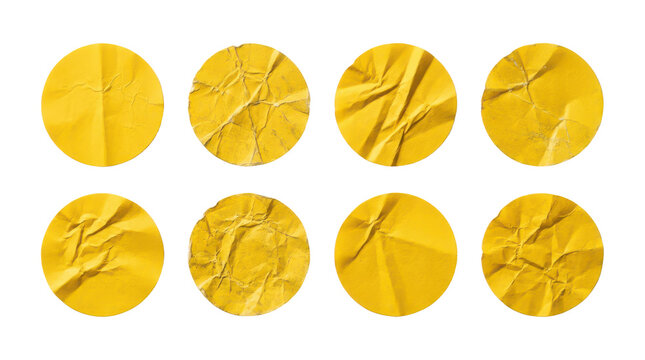 Set of various yellow round paper stickers isolated on transparent background