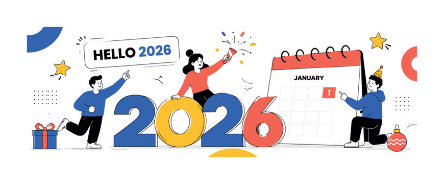 New Year 2026, clean editorial banner scene with 3 geometric characters celebrating around oversized 2026 numbers and large calendar card, showing new year plans, holiday happiness, festival