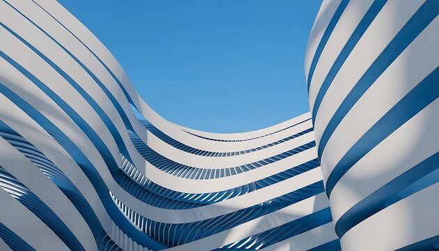 Ultra-realistic abstract architectural visualization featuring an elegant ribbon-like lattice of matte white and sapphire-blue parametric surfaces twisting into a flowing helical canopy