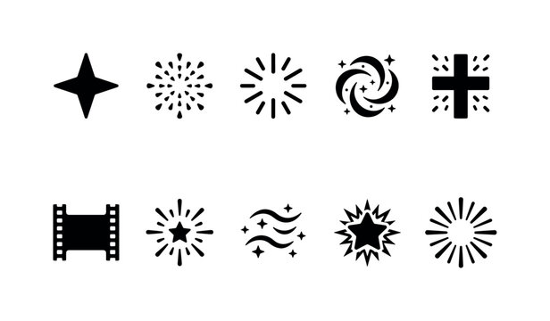 Collection of abstract graphic elements representing stars, bursts, and film strip icons