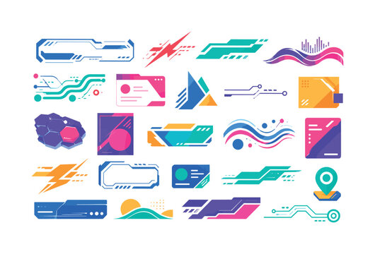 Futuristic Energy Layout, bright flat vector icon set of 20 colorful isolated abstract technology objects: futuristic line panel, electric energy ray, digital glow-free geometric stripe, techno flow