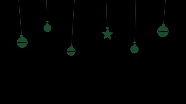 Hanging Christmas ornament baubles swinging like pendulums, green Christmas transparent overlay, seamless loop animation