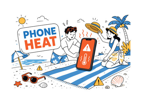 Phone Beach Heat. Overheating phone on beach sand banner with one vacationer lifting a hot phone from a towel and one friend shading it with a hat, one oversized smartphone warning screen and one