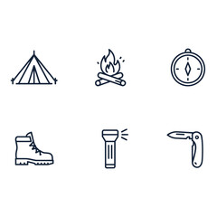Fototapeta premium Outdoor Camping Hiking Line Icons Tent Campfire Compass Boots Flashlight