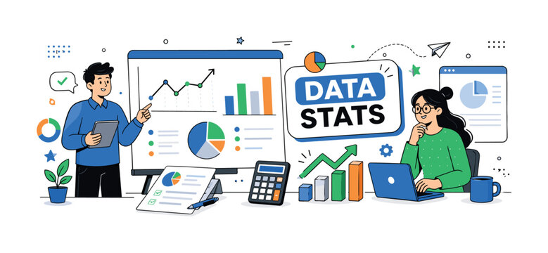 Statistics Chart Analysis, clean editorial banner scene, create 1 full-width data statistics composition with 2 geometric characters, oversized graph board and chart panel, small supporting details