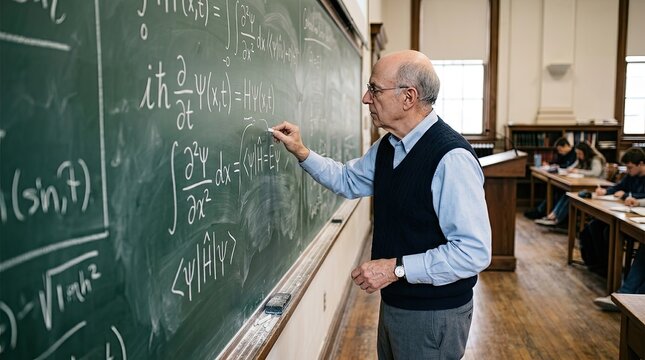 An elderly professor writing complex mathematical equations on a green chalkboard for teachers day china celebration