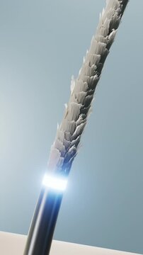 Vertical 3D animation showing a damaged hair strand gradually restored from root to tip. A glowing repair effect travels upward, smoothing lifted cuticles into a sleek, healthy-looking hair fiber.
