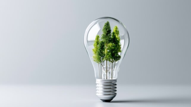 A lightbulb filled with green trees symbolizing environmental conservation and innovation