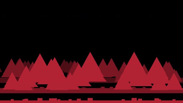 Pine tree forest silhouette drifting in layered parallax depth, red Christmas transparent overlay, seamless loop animation