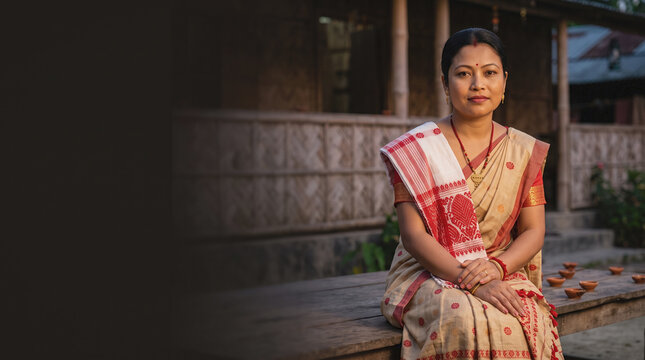 Assamese Woman Mekhela Chador Gamosa Diya Arrangement Diwali Northeast India