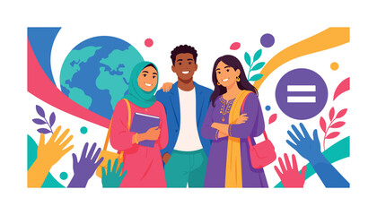Fototapeta premium Global Diversity Group, bright flat character banner with 3 expressive stylized diverse people in casual and formal outfits standing together, cultural accessories, professional bag, friendship