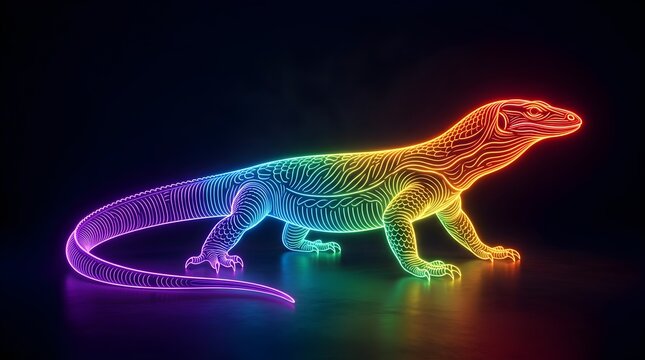 Neon rainbow komodo dragon lizard line art glowing isolated on dark background