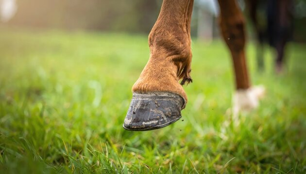 Close up of a horses hoof on a grassy field.