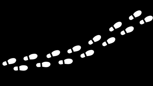 Human shoes Footstep walking on black background. footprints shoes, shoe prints marks feet animation. Step footprints path isolated. 4K Resolution.