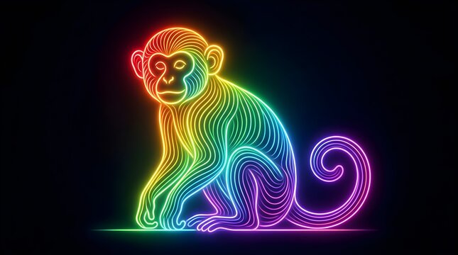 Neon rainbow monkey sitting illustration glowing line art on dark background
