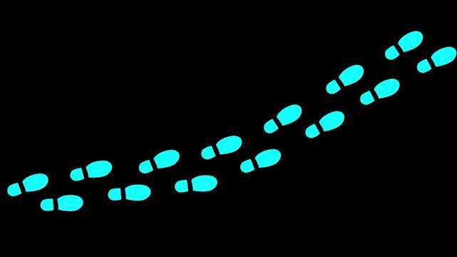 Human shoes Footstep walking on black background. footprints shoes, shoe prints marks feet animation. Step footprints path isolated. 4K Resolution.