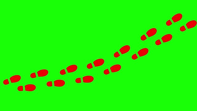 Human shoes Footstep walking on green background. footprints shoes, shoe prints marks feet animation. Step footprints path isolated. 4K Resolution.