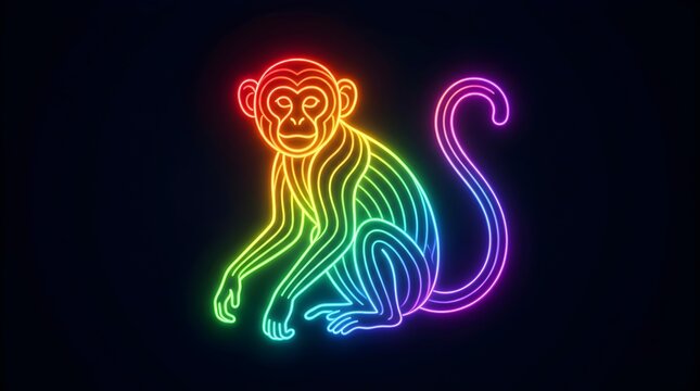 Neon rainbow monkey sitting silhouette graphic glowing line art concept with gradient