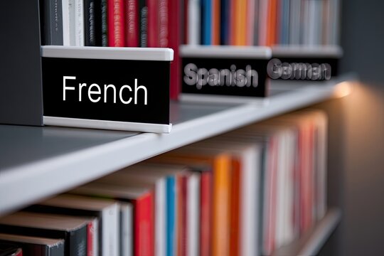 Bilingual book collection neatly organized on a shelf