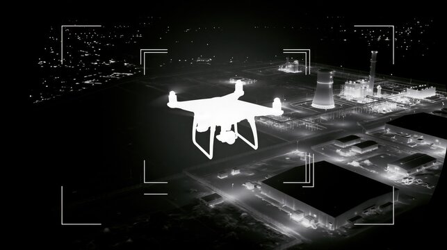 Thermal imaging system detecting small drone over industrial facility during nighttime perimeter security monitoring