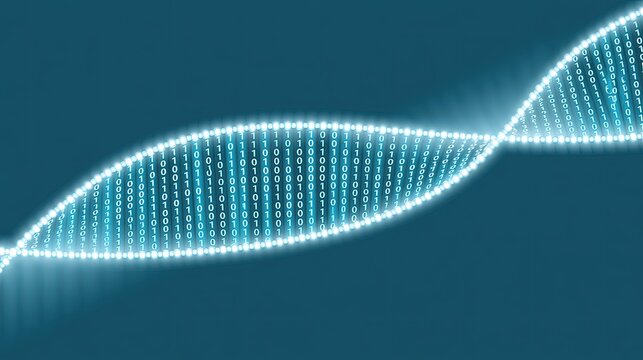 Glowing digital helix representing genetic code with blue background