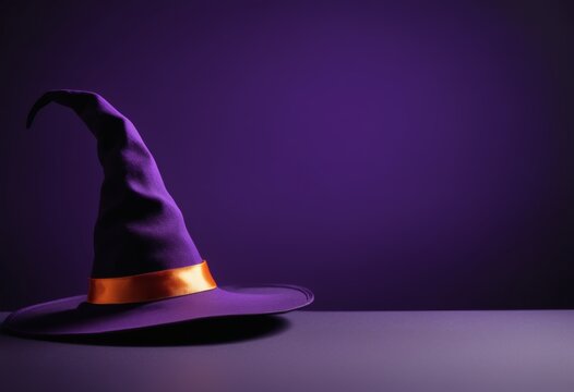 Purple witch hat on purple background, halloween banner with copy space