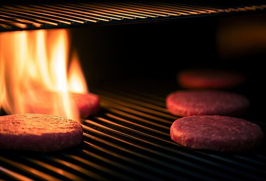 Red meat patties sizzling over glowing flames on a metal grill rack