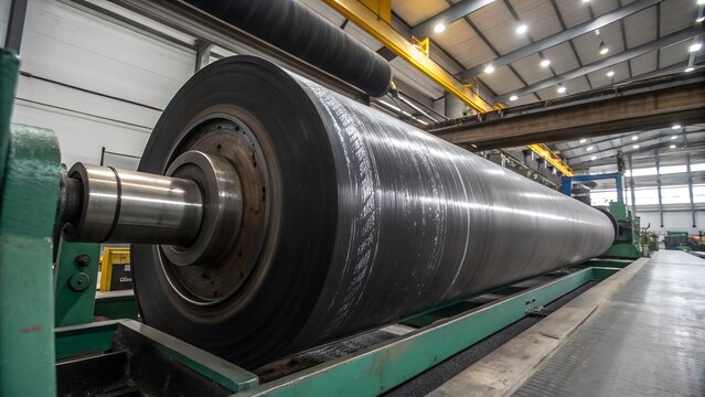 Large industrial rubber roll processed in a modern production facility, highlighting elastomer manufacturing, engineering precision, and industrial material processing technology.