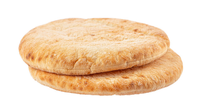 Fresh soft pita bread isolated background. Traditional baked flatbread with golden crust for bakery, food and healthy eating.