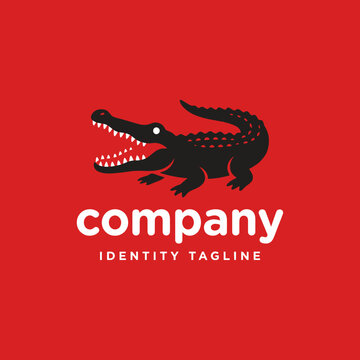 Black crocodile silhouette logo on red backdrop.