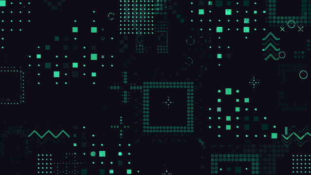 Geometric pattern with teal squares circles and dotted grids against a dark background design shapes abstraction square