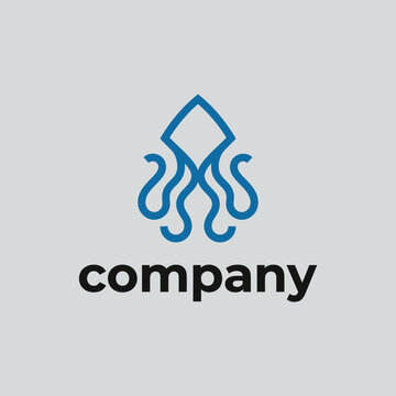 Blue line art squid octopus aquatic sea logo