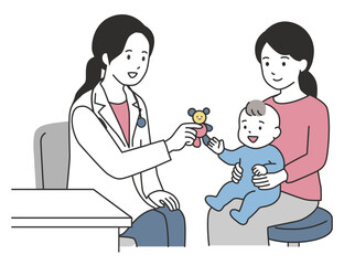 小児科の診察室でおもちゃを使い赤ちゃんをあやす女性医師のイラスト　乳幼児健診・小児医療のフラットベクター素材