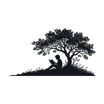 Black and white vector silhouette of a student reading an open book under a tree 