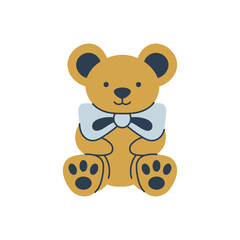 Fototapeta premium Plush Teddy Bear with Bow. Hand drawn vector illustration of cute stuffed toy wearing a big blue ribbon. For kids' rooms, shower invitations, soft bedroom artwork. Flat style