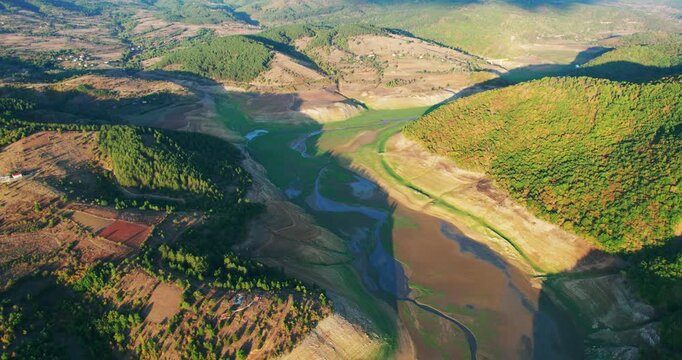 Drought Empty Dam Riverbed Sunset Aerial View