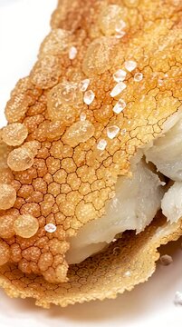 Crispy battered fish fillet piece showing white flaky interior with lemon on white background
