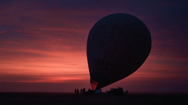 Hot air balloon inflating at sunrise against a vibrant red and purple sky, preparing for an early morning flight with a group of people at the launch site