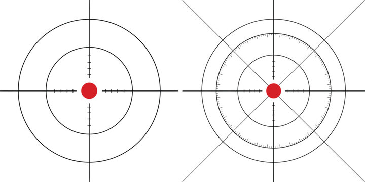 Reticle icon set vector featuring two crosshair sights with red dots for target acquisition, aiming accuracy, focus, and precision design concepts.