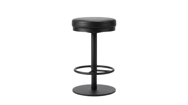 Modern black leather bar stool, industrial metal swivel counter chair with footrest, minimalist pub seating for kitchen and restaurant interior isolated PNG with Transparent Background