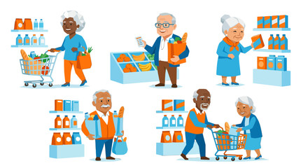 Fototapeta premium Active seniors selecting items from supermarket shelf displays.